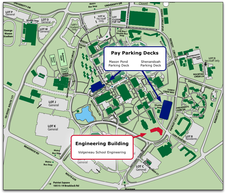 Map of GMU Campus showing the Engineering building and two nearby parking decks