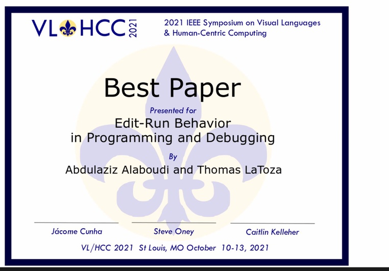 Post Image: Congratulations to Abdulaziz Alaboudi and Dr. Thomas Latoza for winning the best paper award at VL/HCC 2021