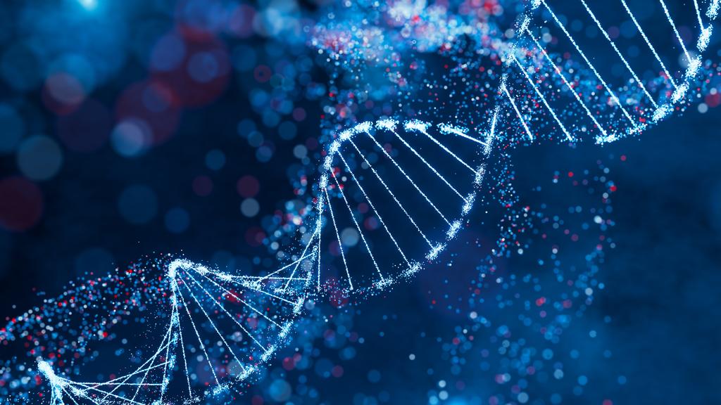 Abstract digital rendering of a glowing DNA double helix made of bright particles against a dark blue background, symbolizing genetics, bioinformatics, and molecular biology.