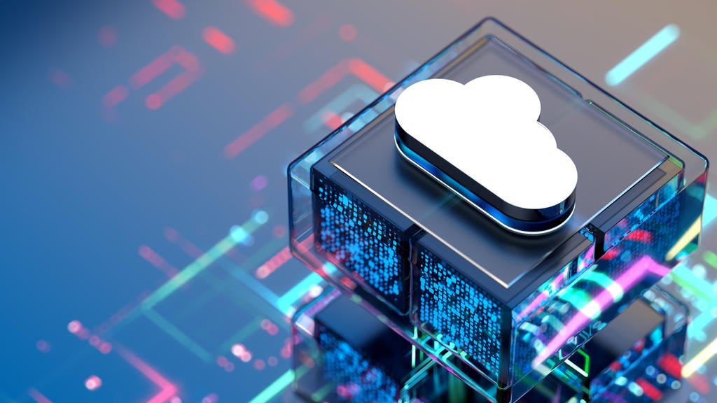 3D illustration of a glowing cloud icon on a digital cube, surrounded by colorful circuit-like patterns, symbolizing cloud computing and data storage.