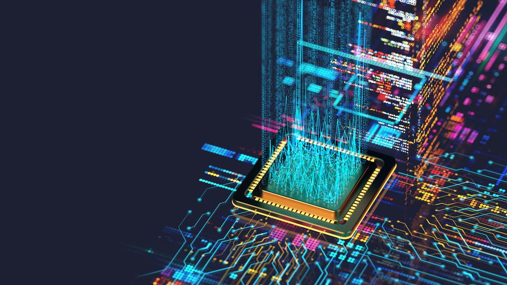 Abstract illustration of a computer chip with glowing data streams and circuit patterns, symbolizing advanced computing, processing, and digital technology.